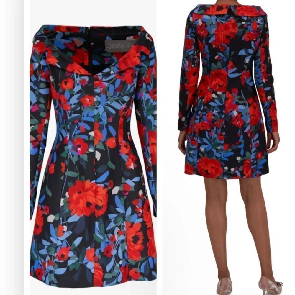 LELA ROSE Black Multi Open Neck Seamed Mini Dress Size 12 NWT $1590